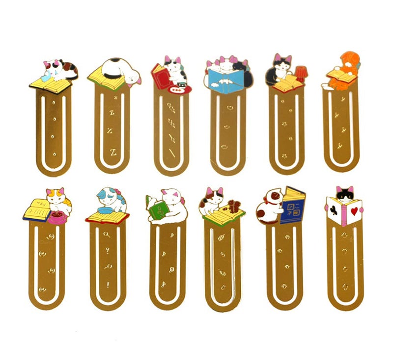 Starte 12Pcs Funny Cute Cat Theme Metal Bookmark for Cat Lovers Book Marker Lovely School Office Supplies for Kids - Image 1